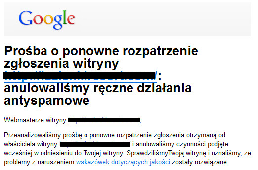 Google - prośba o ponowne rozpatrzenie zgłoszenia witryny