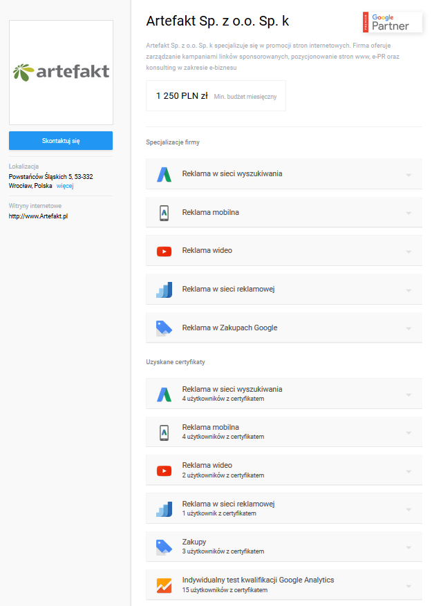 Certyfikat Premier Google Partner