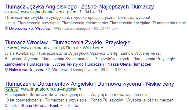 tłumaczenia reklamy adwords